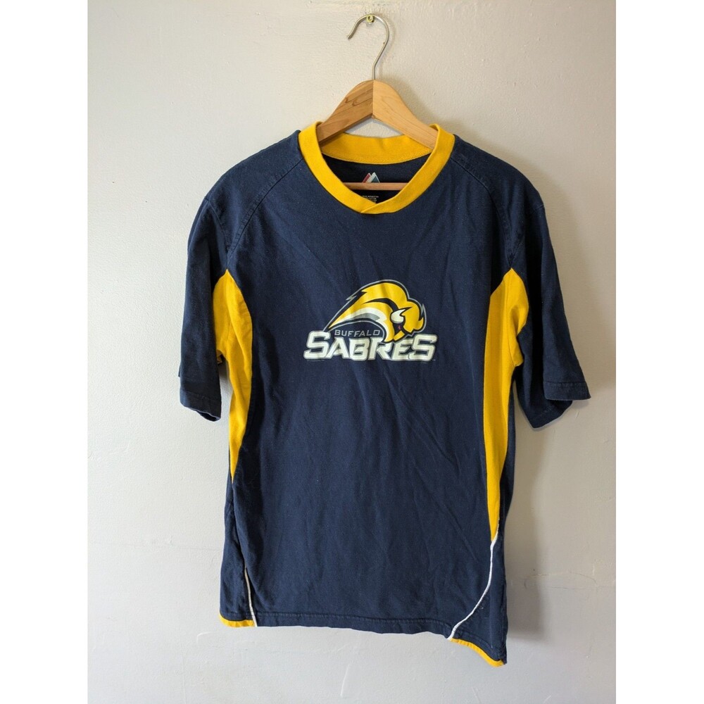 Vintage Y2K Buffalo Sabres NHL Shirt Medium, majestic, slug, blue and gold